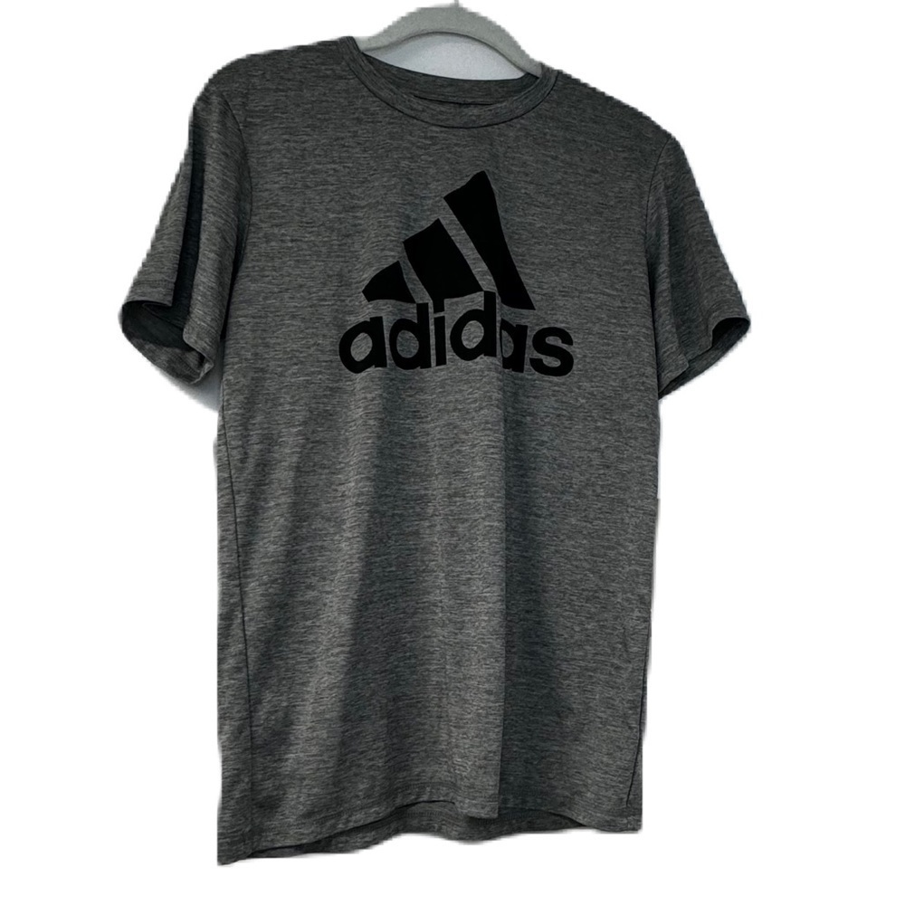 Adidas Boys gray L 14/16 logo black short sleeve tshirt casual sporty athleisure